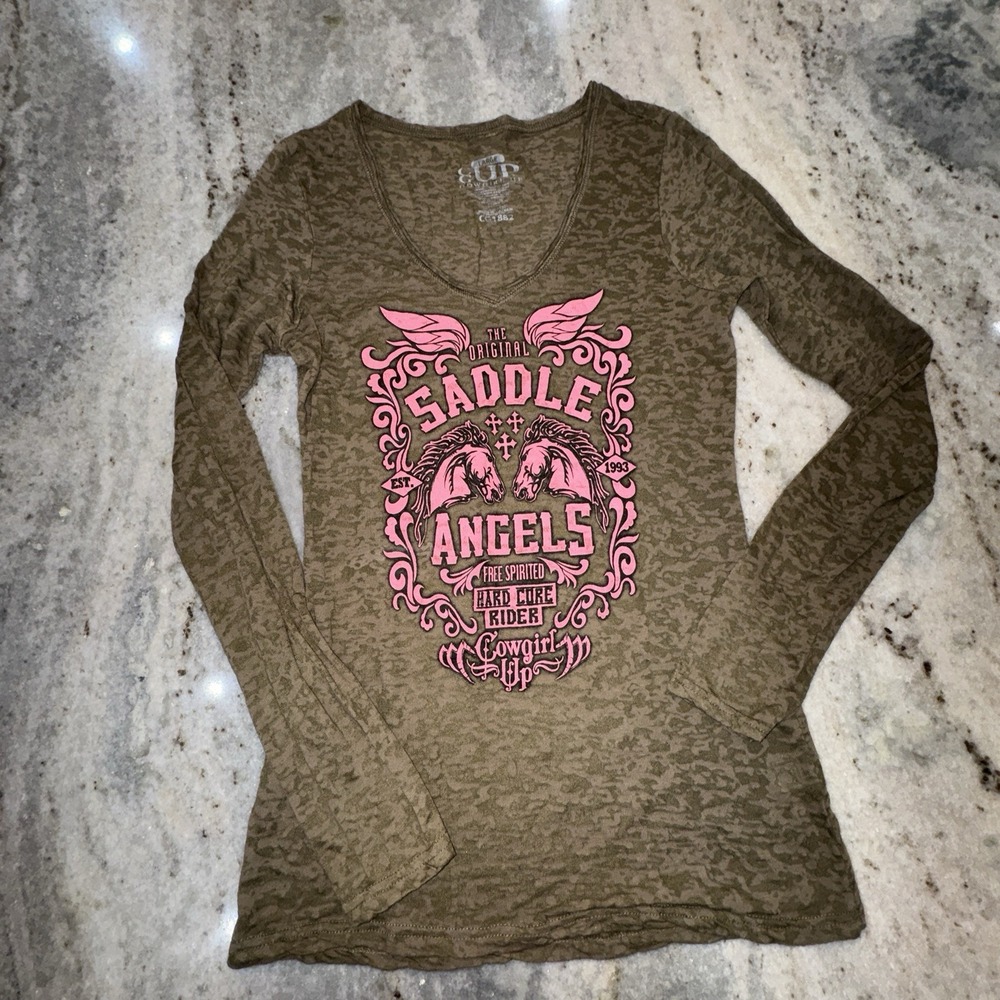 Y2K Cowgirl Up Army Green Sheer Shirt Pink Graphic Print Saddle Angels Size L
